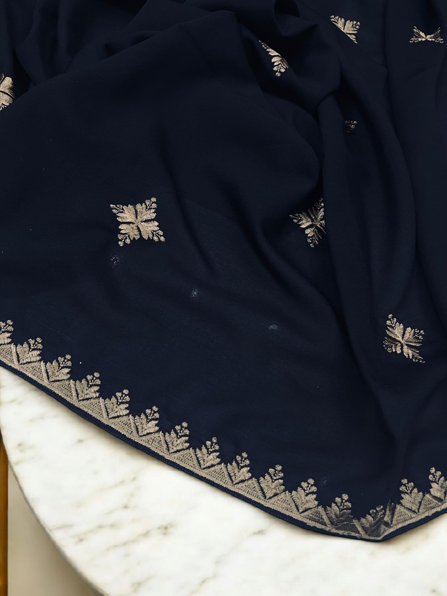 Navy Cream Star Floral Embroidered Shaal