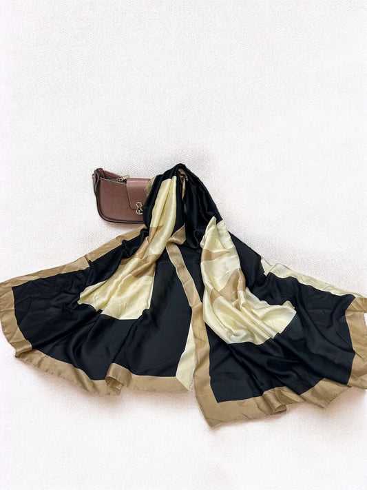 Large Satin Silk Scarf - Black Cream Beige Border
