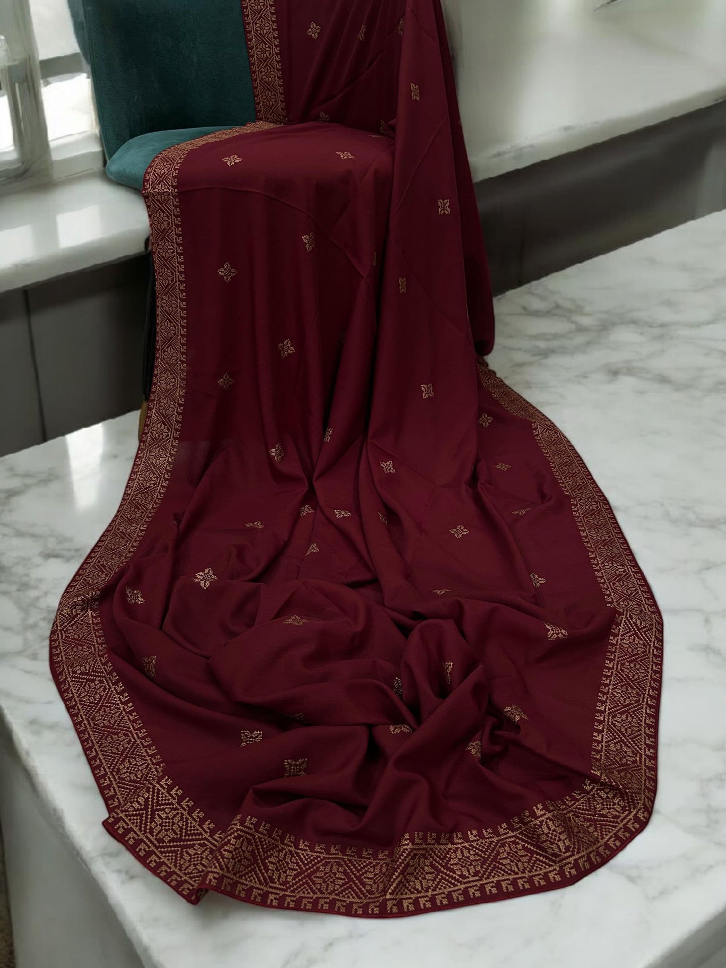 Red Rosegold Mosaic Fancy Embroidered Shaal
