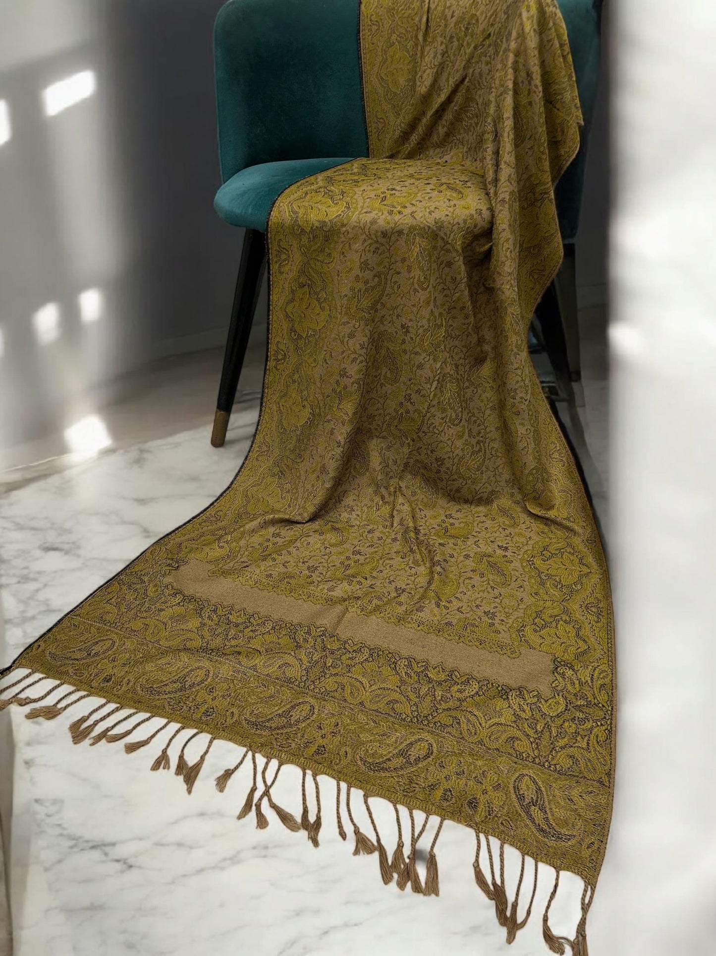 Beige Pear Green Two-tone Paisley Pashmina Hijab