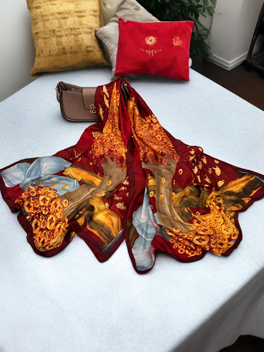 Large Satin Silk Scarf - Flame Red