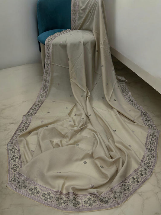 Creamy Beige Lilac Honeycomb Fancy Embroidered Shaal