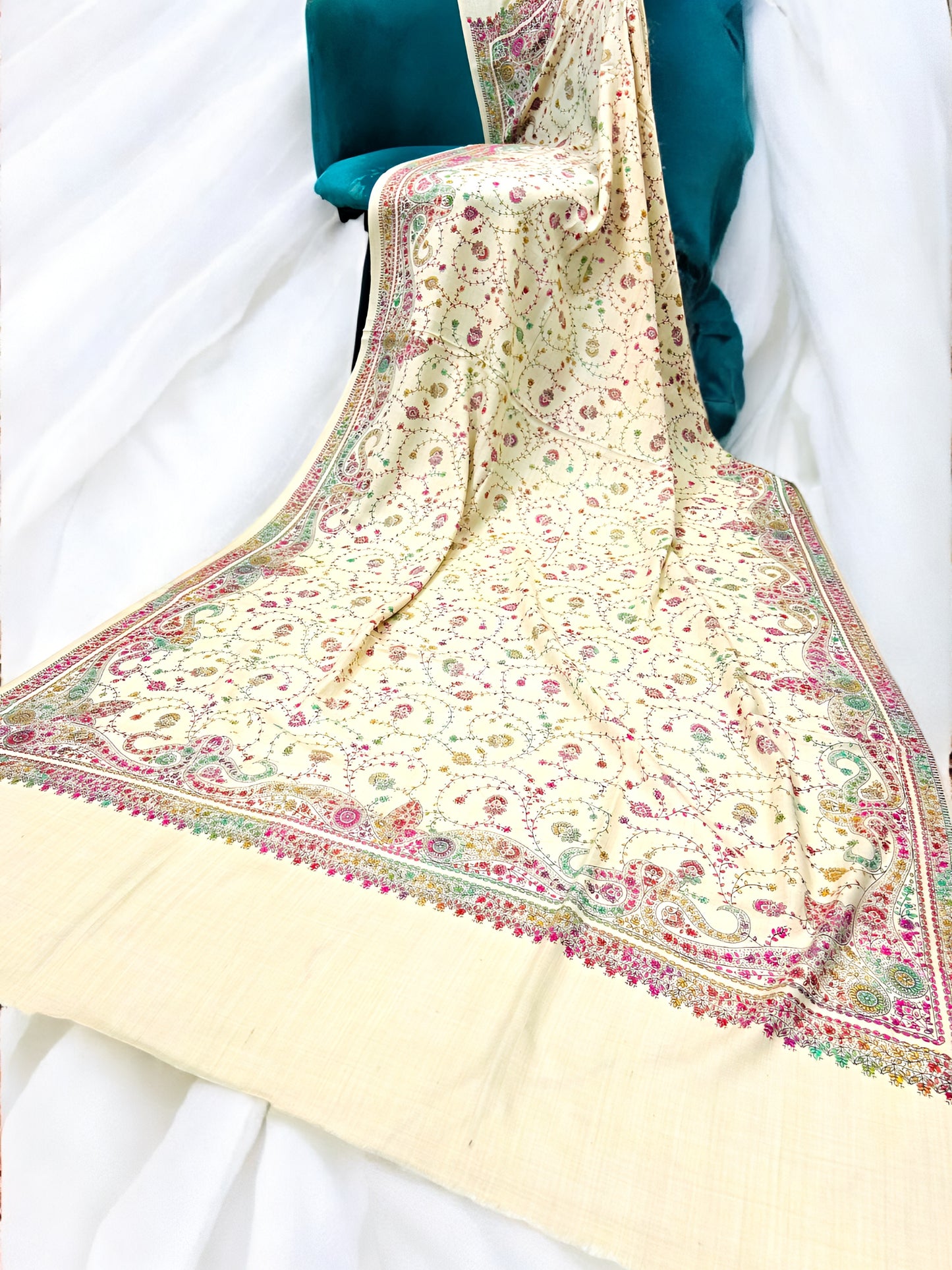 Cream White Multi - Hand Embroidered Kashmiri Shawl