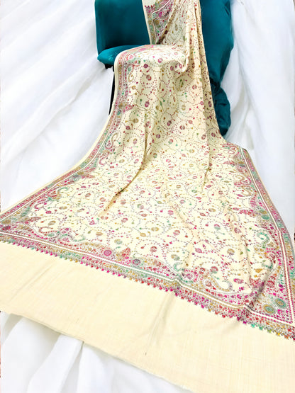 Cream White Multi - Hand Embroidered Kashmiri Shawl