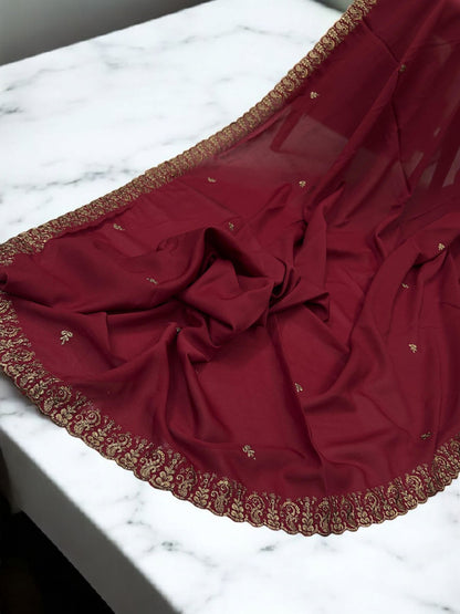 Maroon Bronze Cutwork Border Shaal