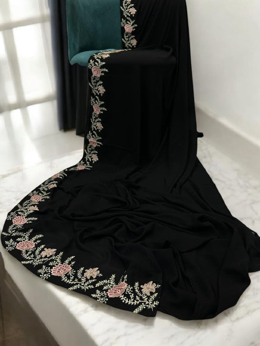 Luxury Black Peony Pink Floral Border Korean Shaal