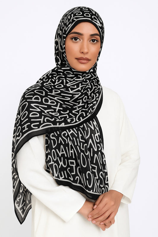 Branded White Alphabets Printed Modal Hijab