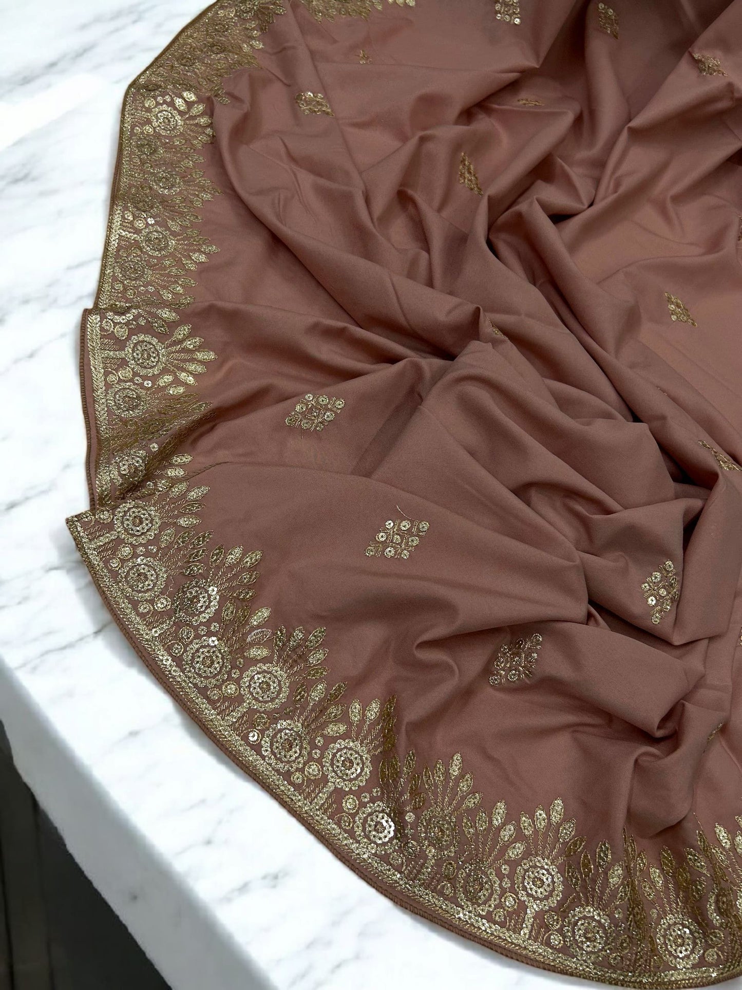 Salmon Pink Gold Floral Sequence Bridal Embroidered Shaal
