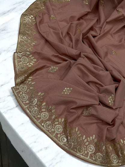 Salmon Pink Gold Floral Sequence Bridal Embroidered Shaal