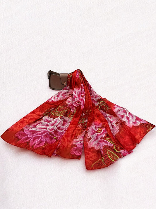 Large Satin Silk Scarf - Pure Red Pink Flowers