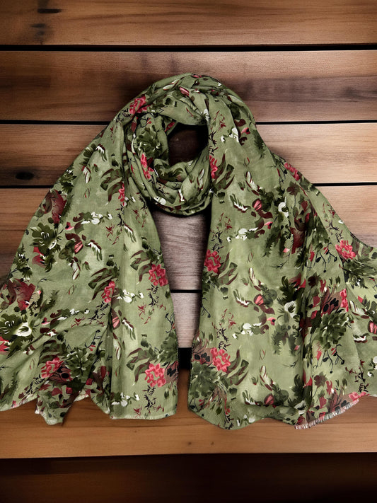 Olive Green Floral Printed Modal Hijab