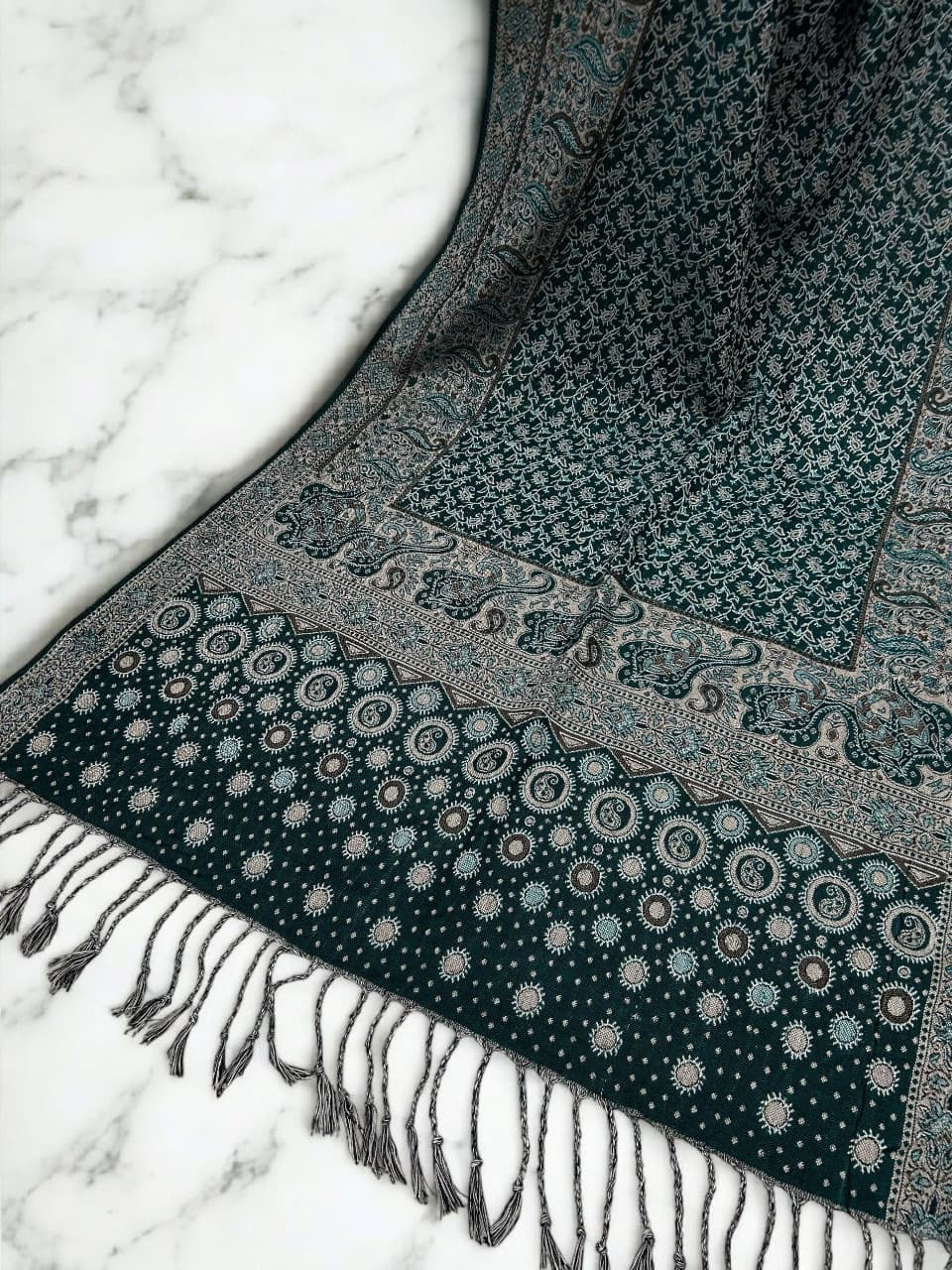 Emerald Green Beige Dotted Two-tone Paisley Pashmina Hijab