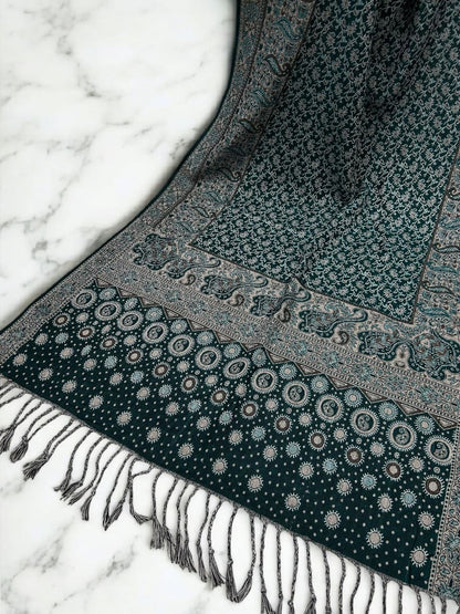 Emerald Green Beige Dotted Two-tone Paisley Pashmina Hijab