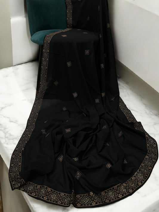 Black Brown Squares Threadwork Embroidered Border Shaal