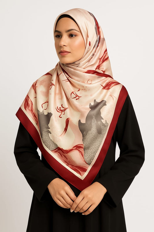 Large Satin Silk Scarf - Mahogany Red Splash