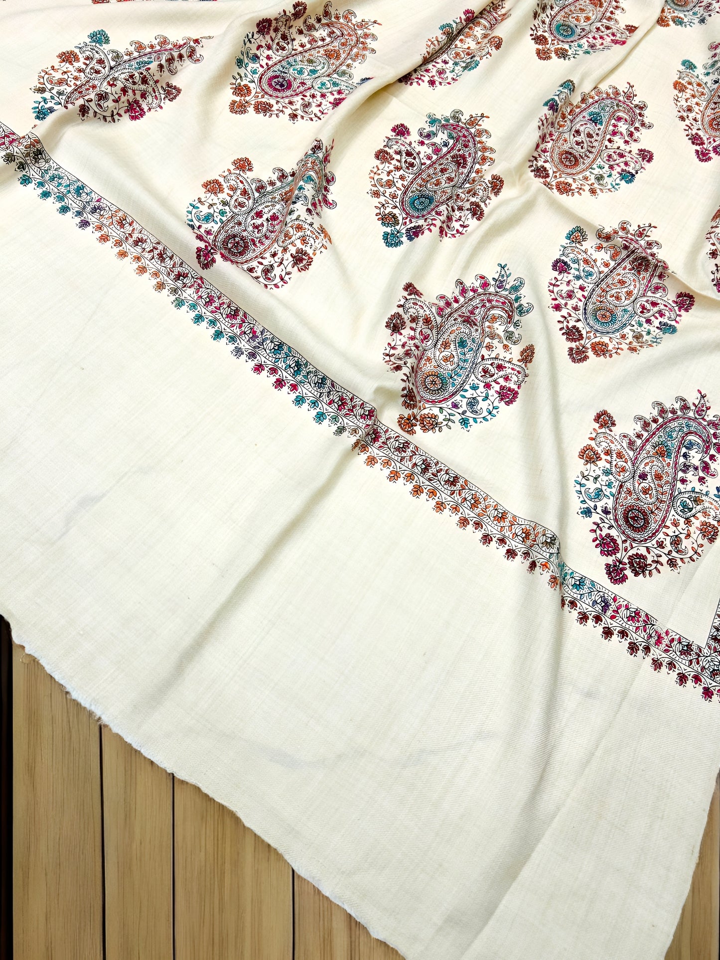 Cream Teal Pink Multi - Hand Embroidered Paisley Kashmiri Shawl