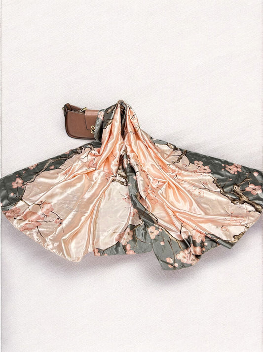 Large Satin Silk Scarf - Tea Pink Grey Floral