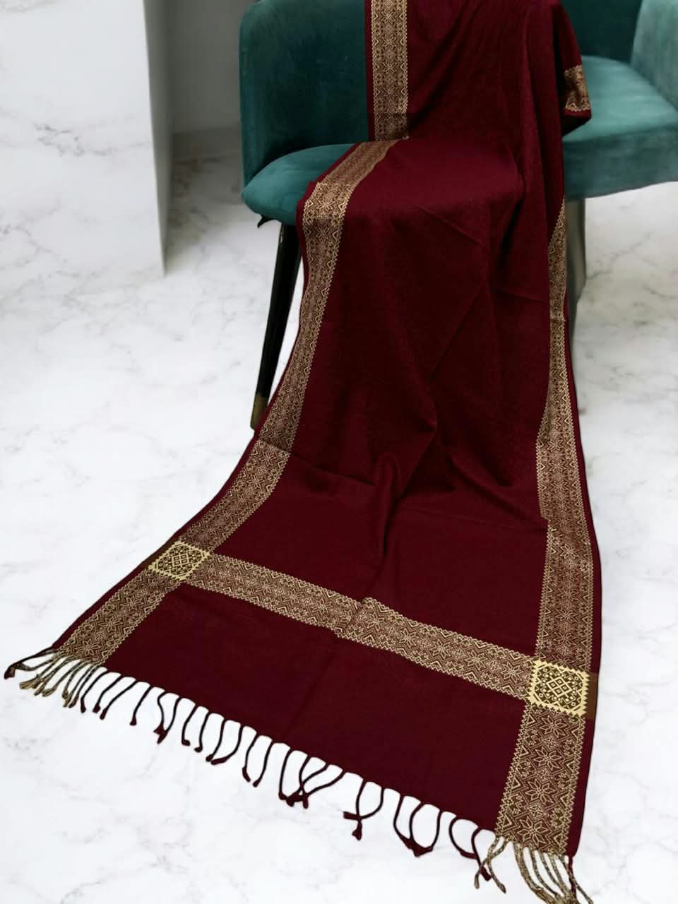 Maroon Plain Paisleys Border Pashmina Hijab