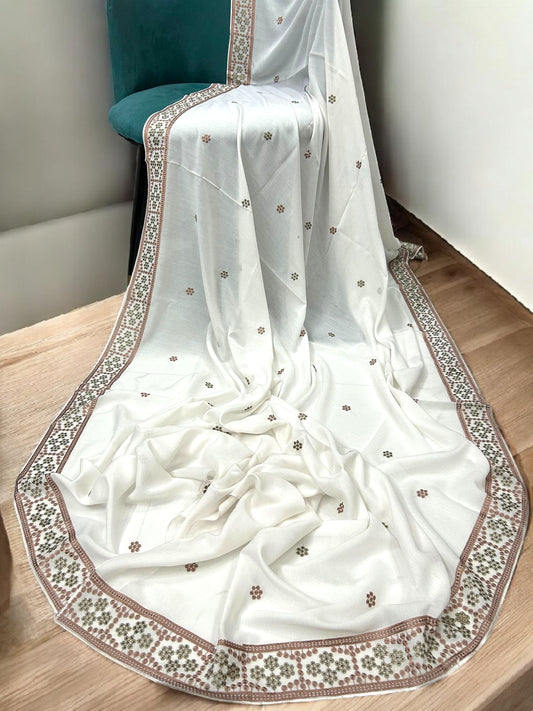 White Beige Honeycomb Fancy Embroidered Shaal