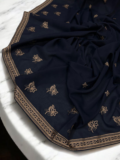 Navy Peach Fancy Double Embroidered Floral Shaal
