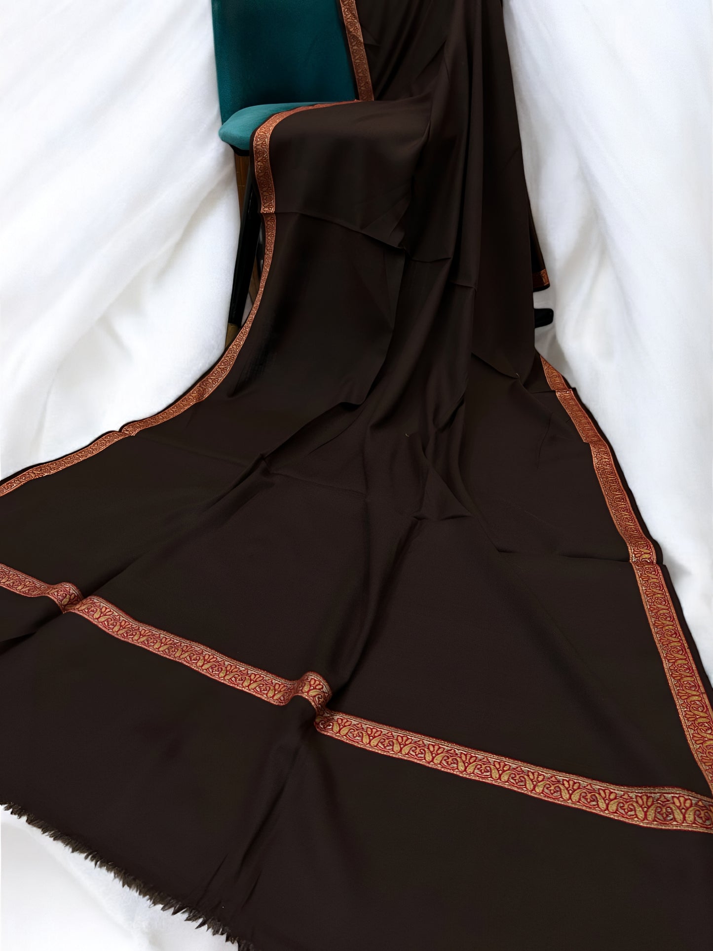 Dark Brown - Plain Kashmiri Border Shawl