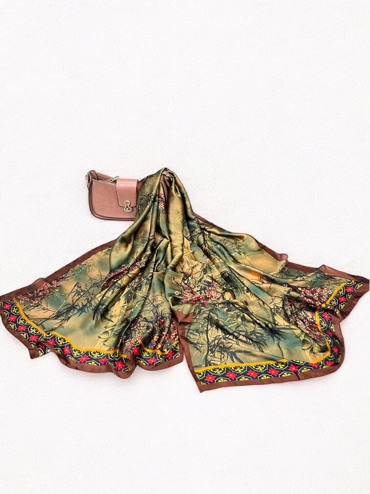 Large Satin Silk Scarf - Green Tree Garden