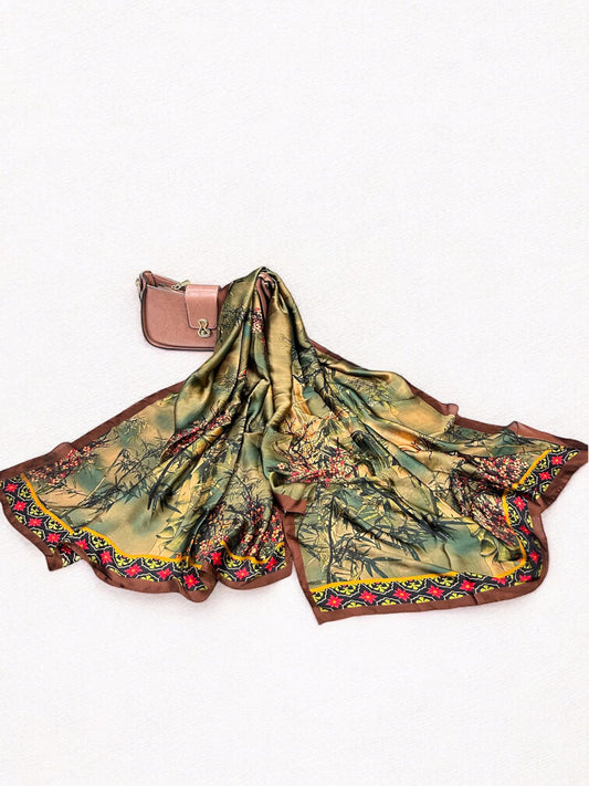 Large Satin Silk Scarf - Green Tree Garden