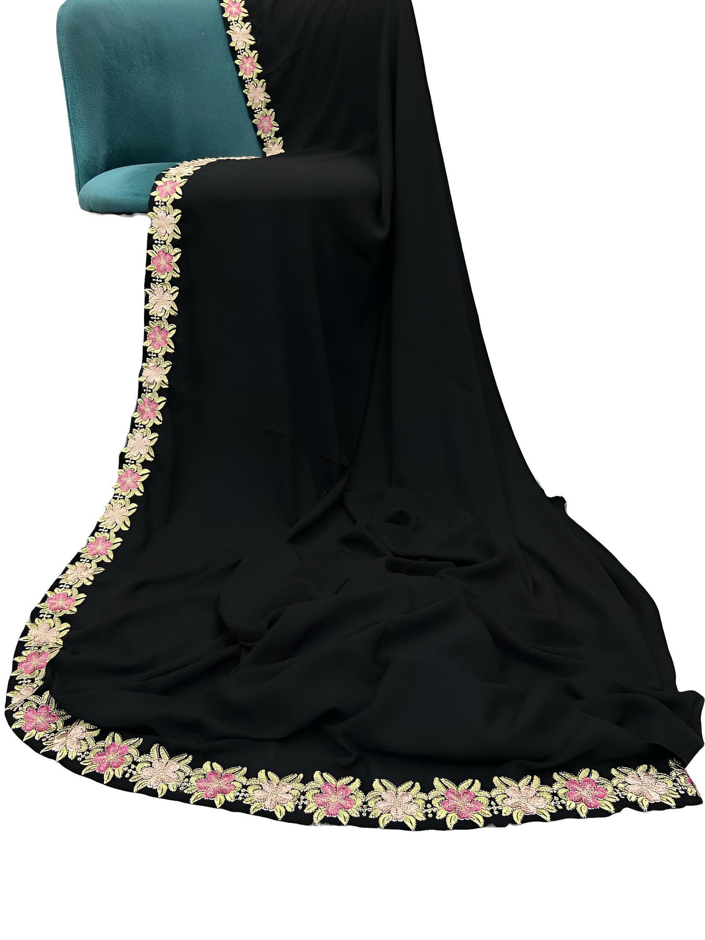 Black Pink Tulips Floral Border Shaal