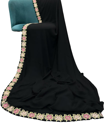 Black Pink Tulips Floral Border Shaal