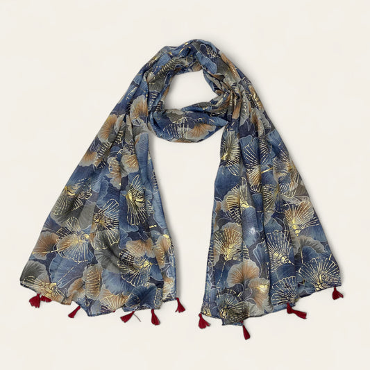 Blue Gold Flowers Printed Lawn Tassel Hijab