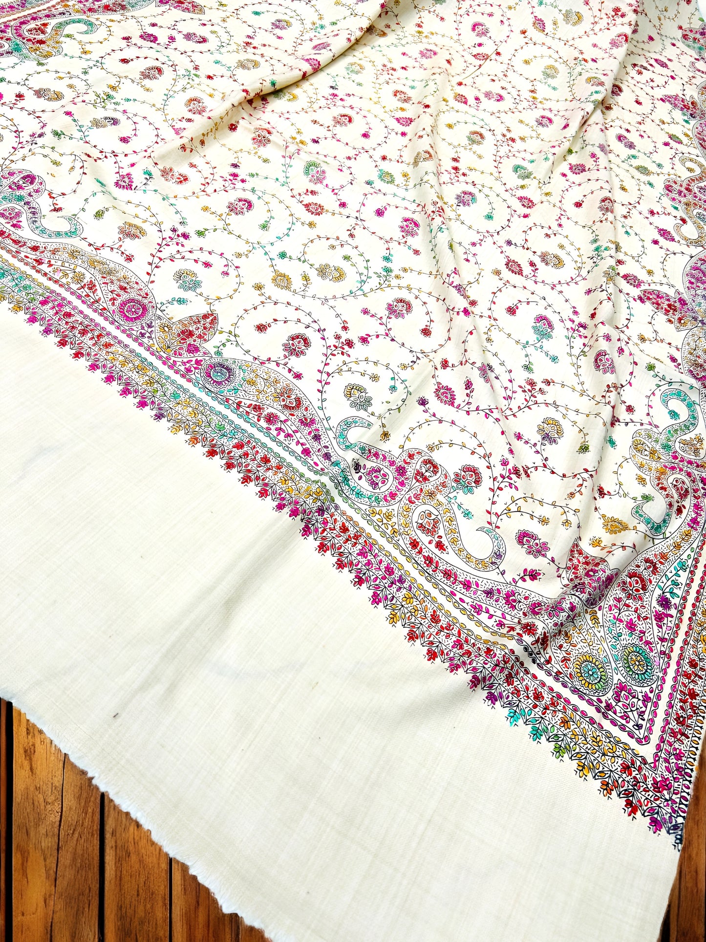 Cream White Multi - Hand Embroidered Kashmiri Shawl