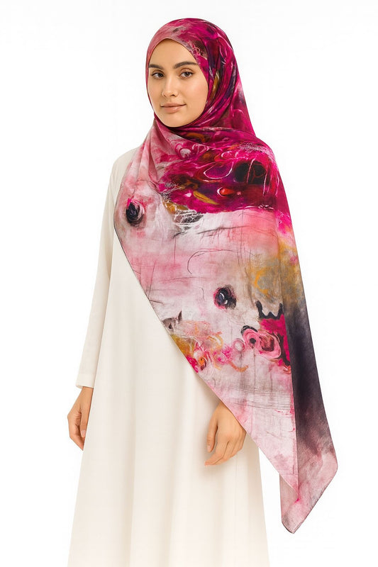Large Satin Silk Scarf - Plum Pink Shadows