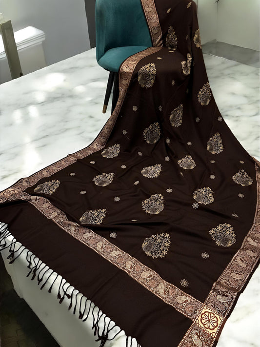 Chocolate Gold Border Embroidered Beige Patchwork Pashmina Shawl