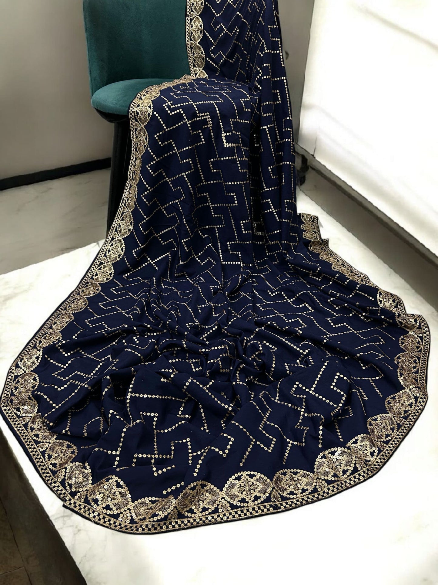 Navy Gold Sequence Bridal Embroidered Shaal