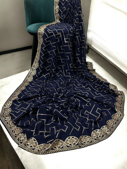 Navy Gold Sequence Bridal Embroidered Shaal