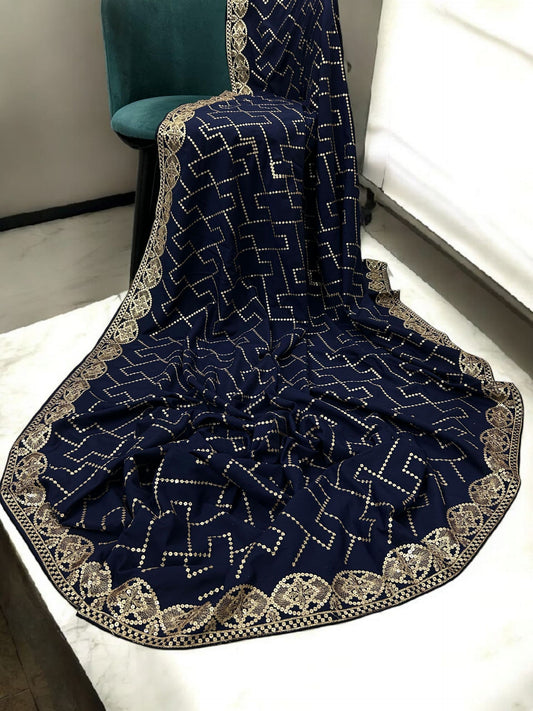 Navy Gold Sequence Bridal Embroidered Shaal