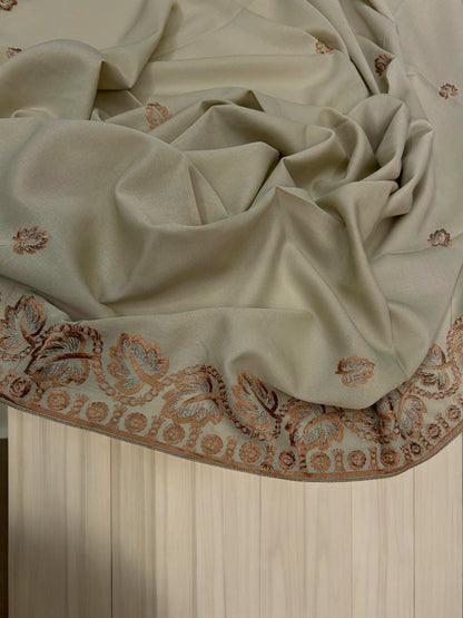 Beige Brown Orange Leaflets Fancy Embroidered Shaal
