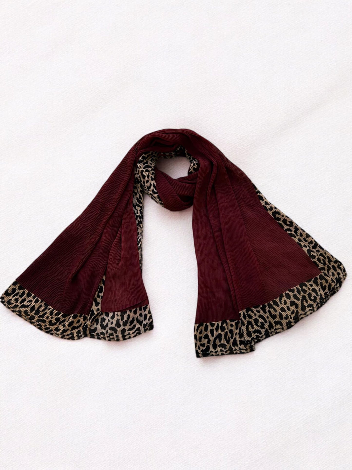 Maroon Beige Leopard Border Printed Pleated Modal Hijab