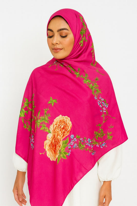 Large Satin Silk Scarf - Raspberry Pink Floral