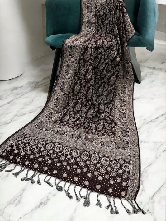 Umber Brown Cream dotted two-tone Paisley Pashmina Hijab