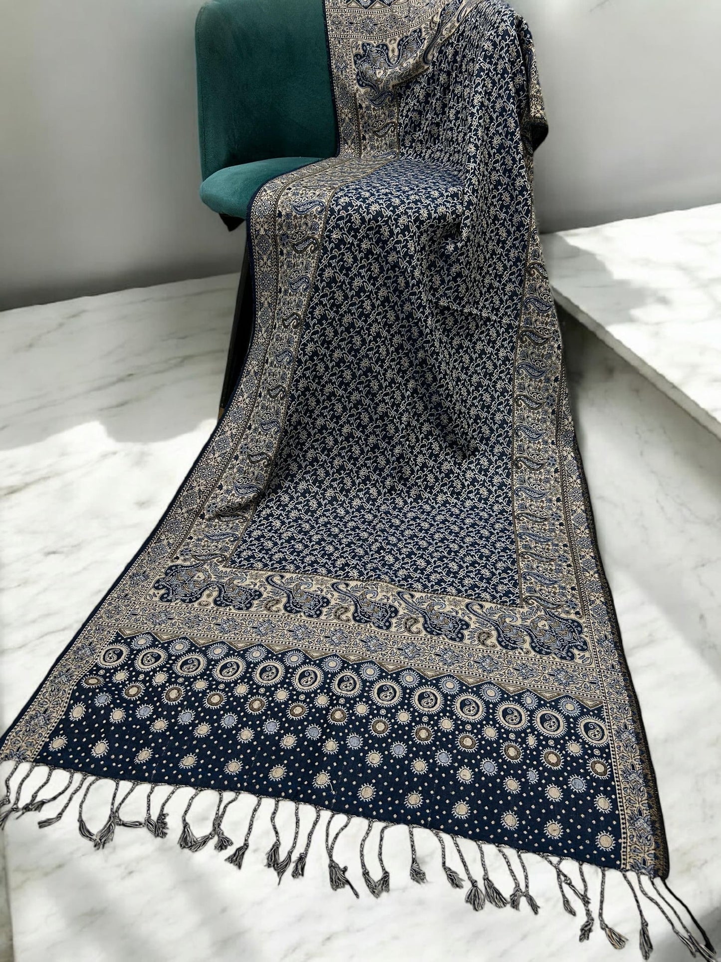 Midnight Blue Cream Dotted two-tone Paisley Pashmina Hijab