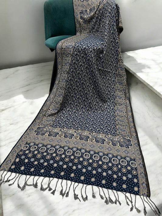 Midnight Blue Cream Dotted two-tone Paisley Pashmina Hijab