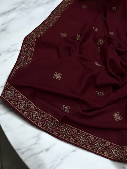 Red Squares Threadwork Embroidered Border Shaal