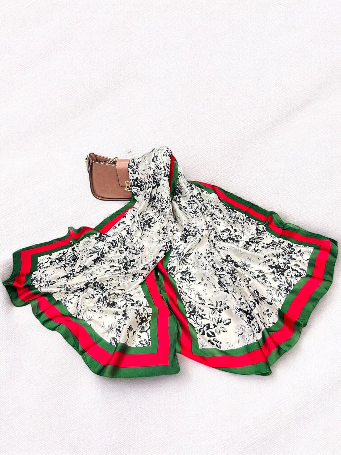 Large Satin Silk Scarf - White Black Striped Floral