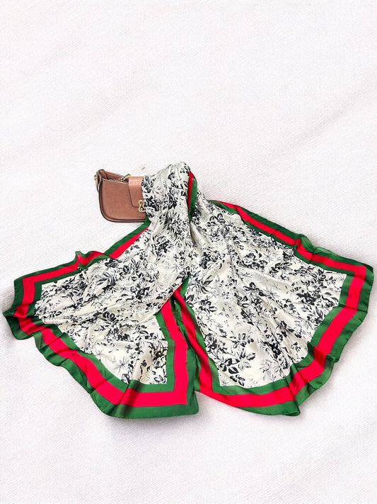 Large Satin Silk Scarf - White Black Striped Floral
