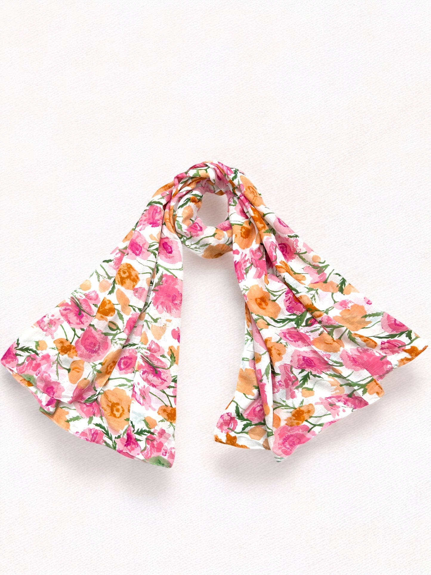 White Pink Orange Floral Printed Modal Hijab