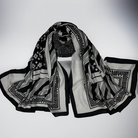 Grey Mist Black Geometric Printed Modal Hijab