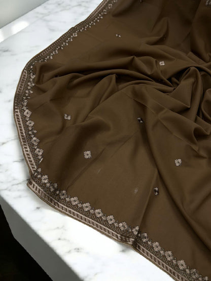 Walnut Brown White Flowers Embroidered Border Shaal