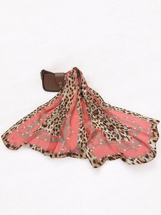 Satin Silk Scarf - Pink Brown Leopard Roberto Cavalli