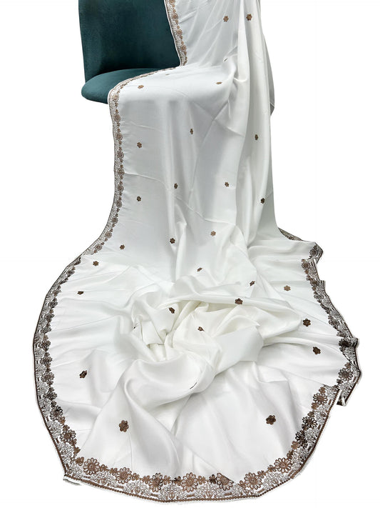 White Brown Floral Border Shaal